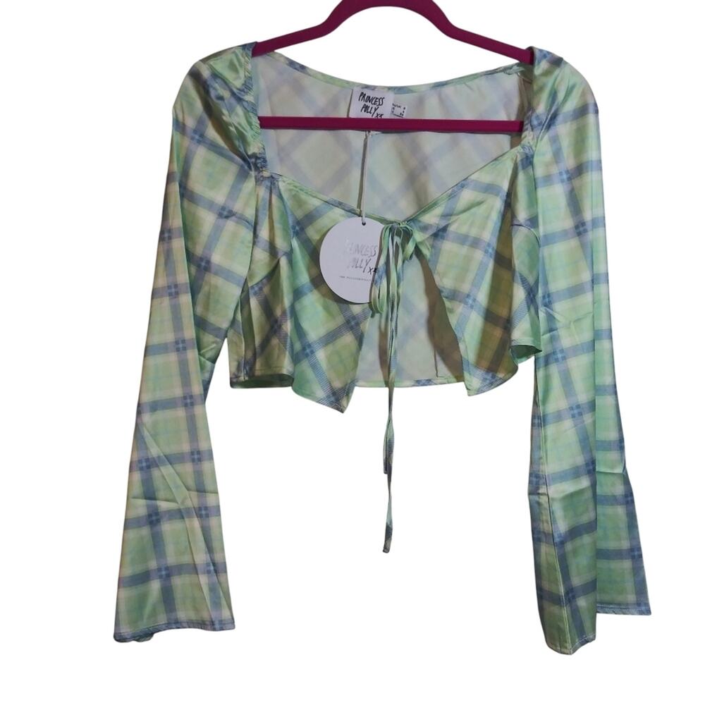 Princess Polly Sheena Crop Top Bell Sleeve Plaid Size 4